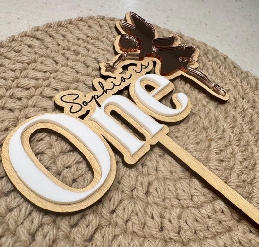 Personalized Fairy Cake Topper: Rose Gold Mirrored Acrylic, First Birthday