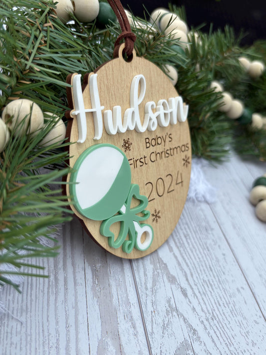 Personalized Baby's First Christmas Ornament: Maple Wood Rattle Keepsake