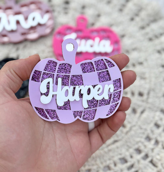 Personalized Acrylic Halloween Pumpkin Tag, Disco Ball Decor