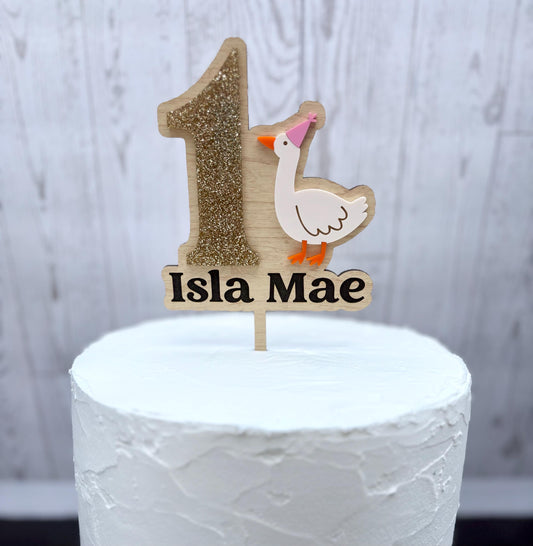 Personalized Silly Goose 1st Birthday Cake Topper: Maple & Acrylic