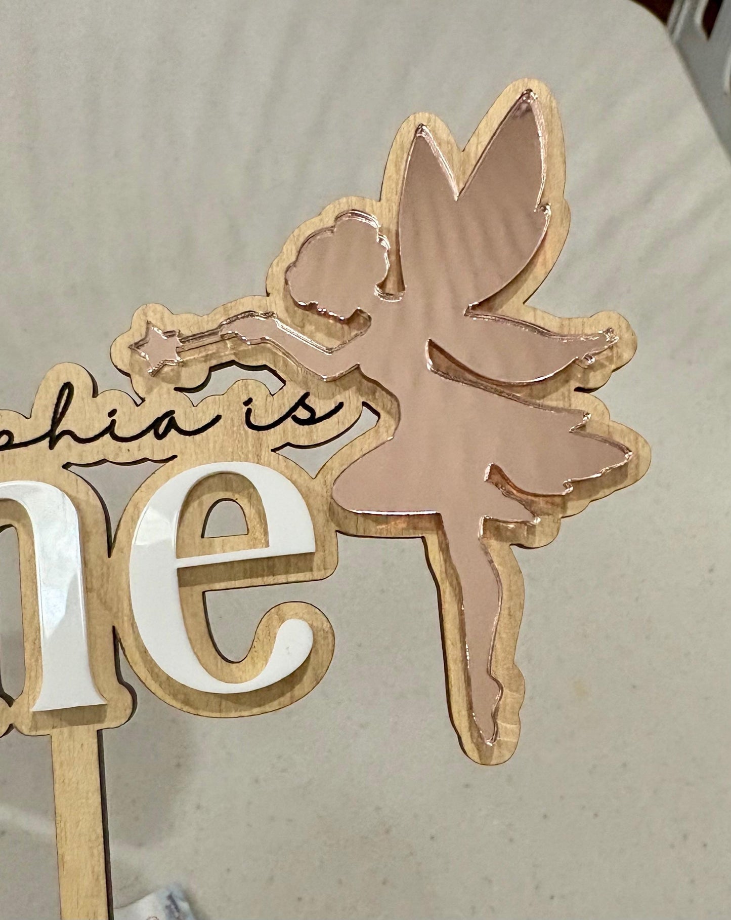 Personalized Fairy Cake Topper: Rose Gold Mirrored Acrylic, First Birthday
