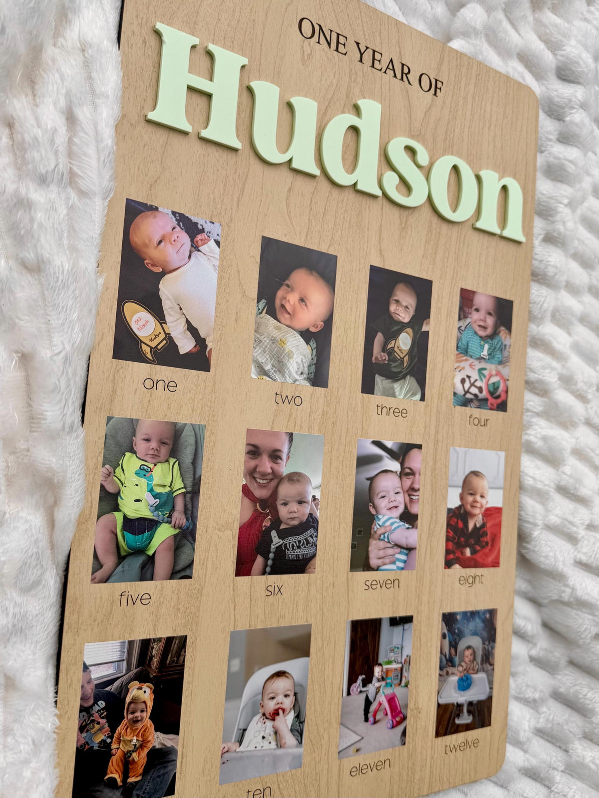 Monthly Milestone Birthday Photo Board: Wooden First Year Picture Display