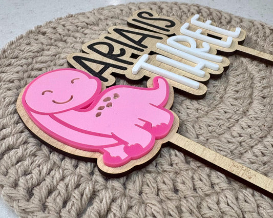 Personalized Dinosaur Cake Topper: Hand-Painted Wood & Acrylic Dino Decor