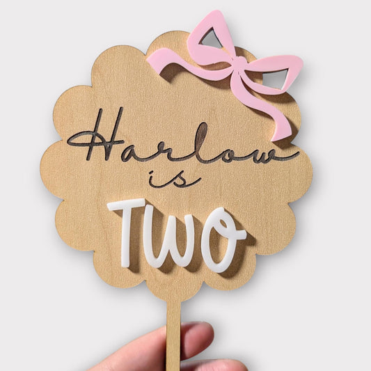 Personalized Bow Cake Topper: Custom Wood & Acrylic Birthday Decor