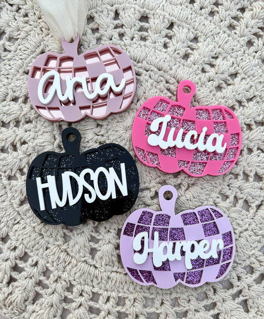 Personalized Acrylic Halloween Pumpkin Tag, Disco Ball Decor