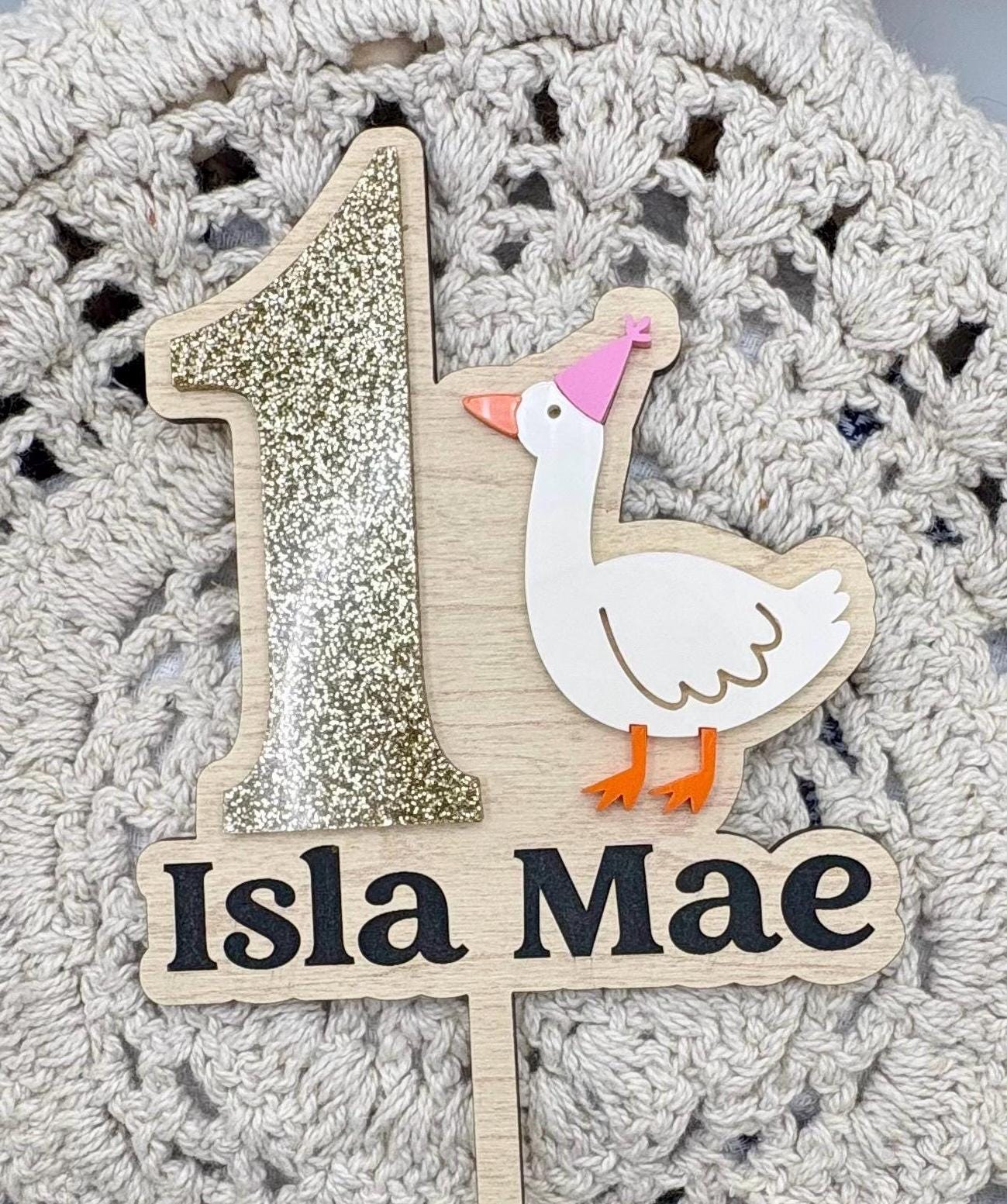 Personalized Silly Goose 1st Birthday Cake Topper: Maple & Acrylic