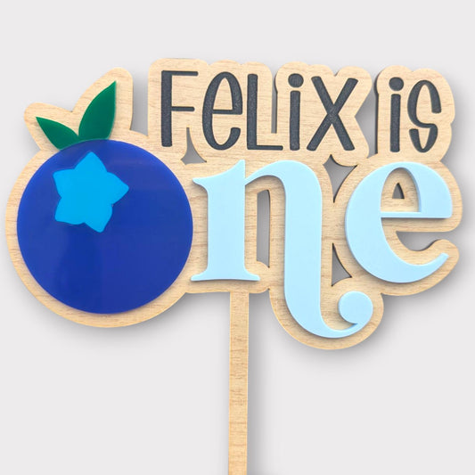 Personalized Blueberry First Birthday Cake Topper: Maple Wood & Acrylic