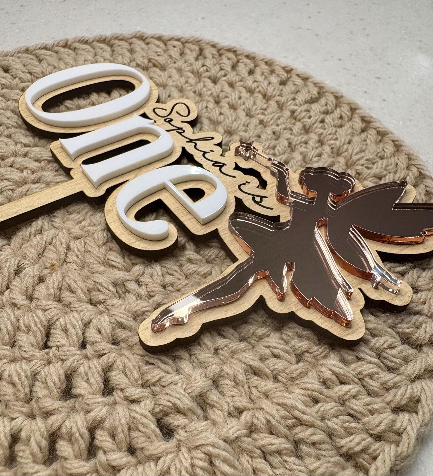 Personalized Fairy Cake Topper: Rose Gold Mirrored Acrylic, First Birthday