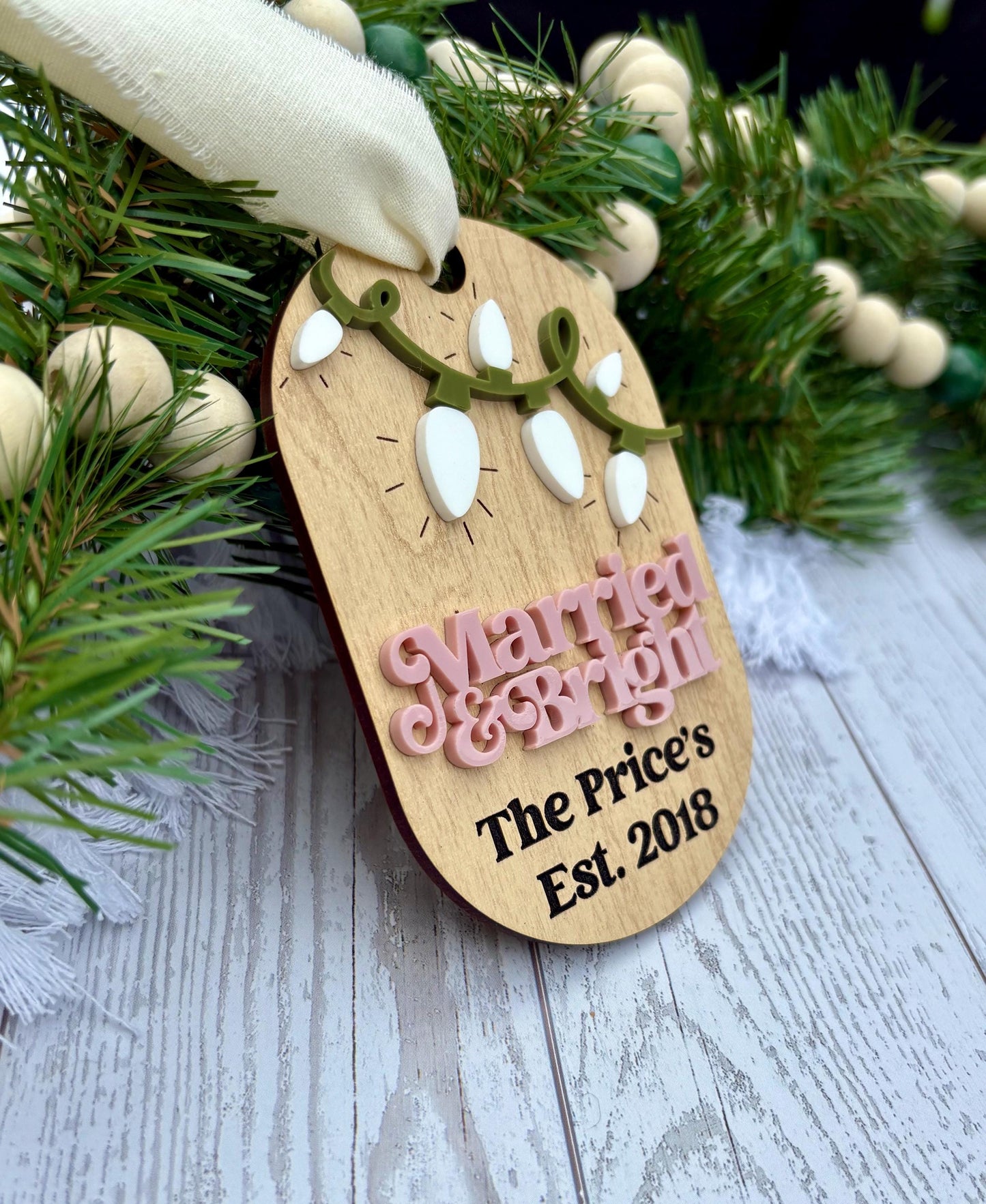 Just Married Christmas Ornament: Married and Bright