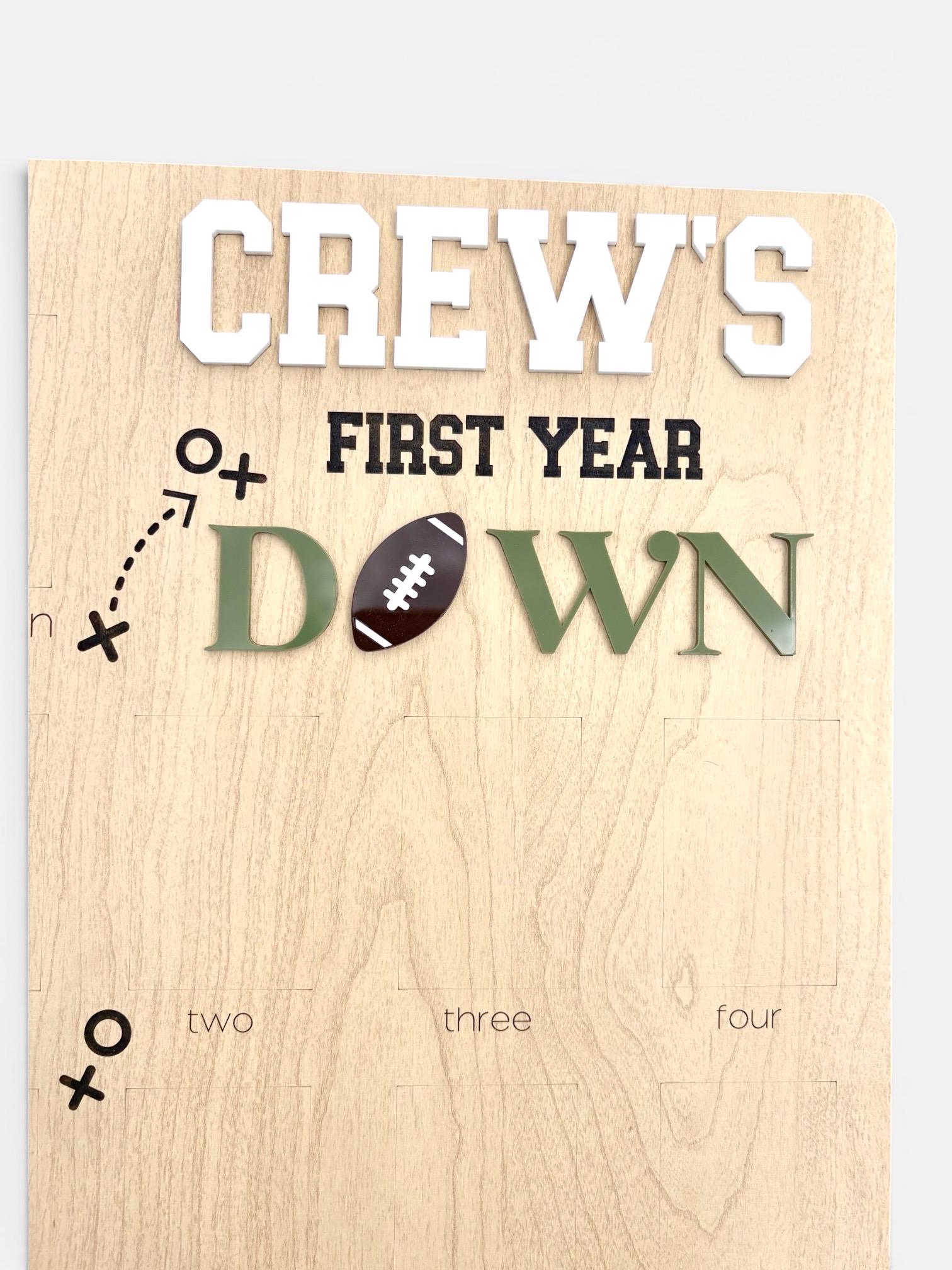First Year Down Photo Board: Football Theme, Wooden Picture Display