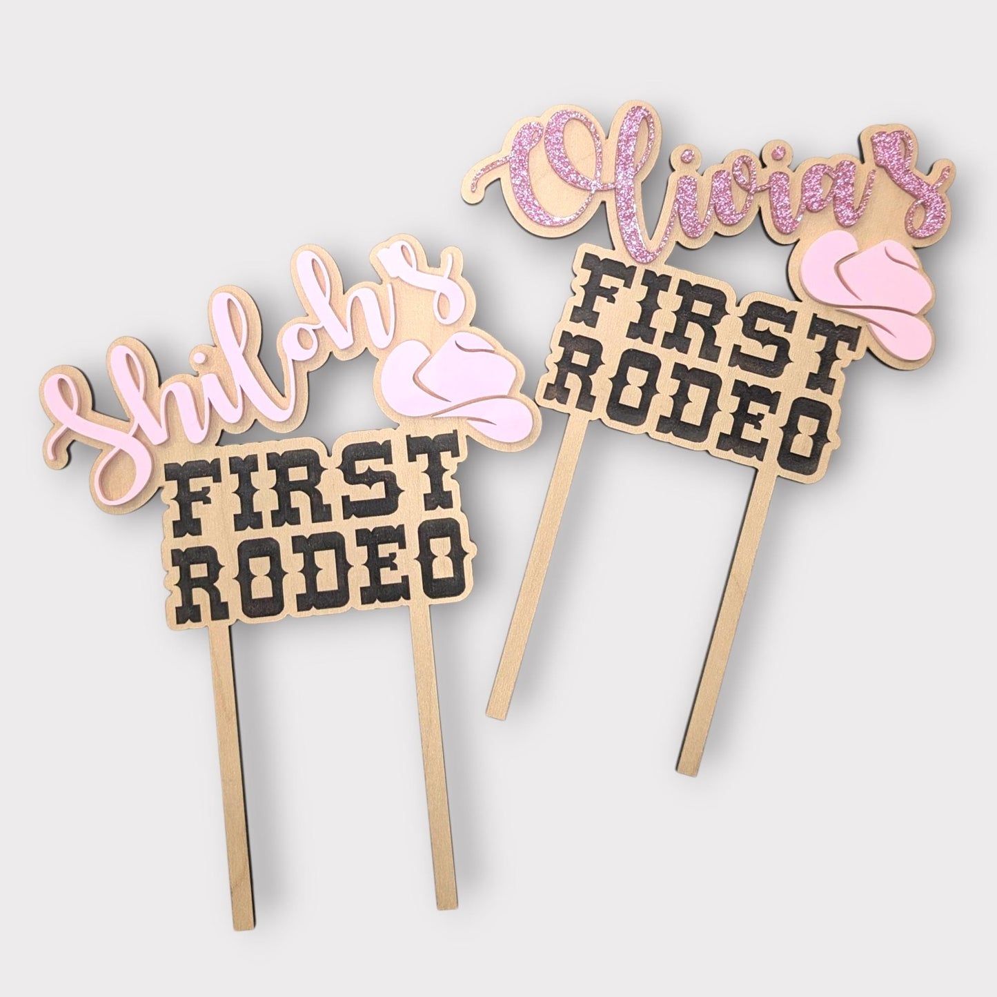 Personalized Cowboy Cake Topper: First Rodeo Birthday, Maple Wood