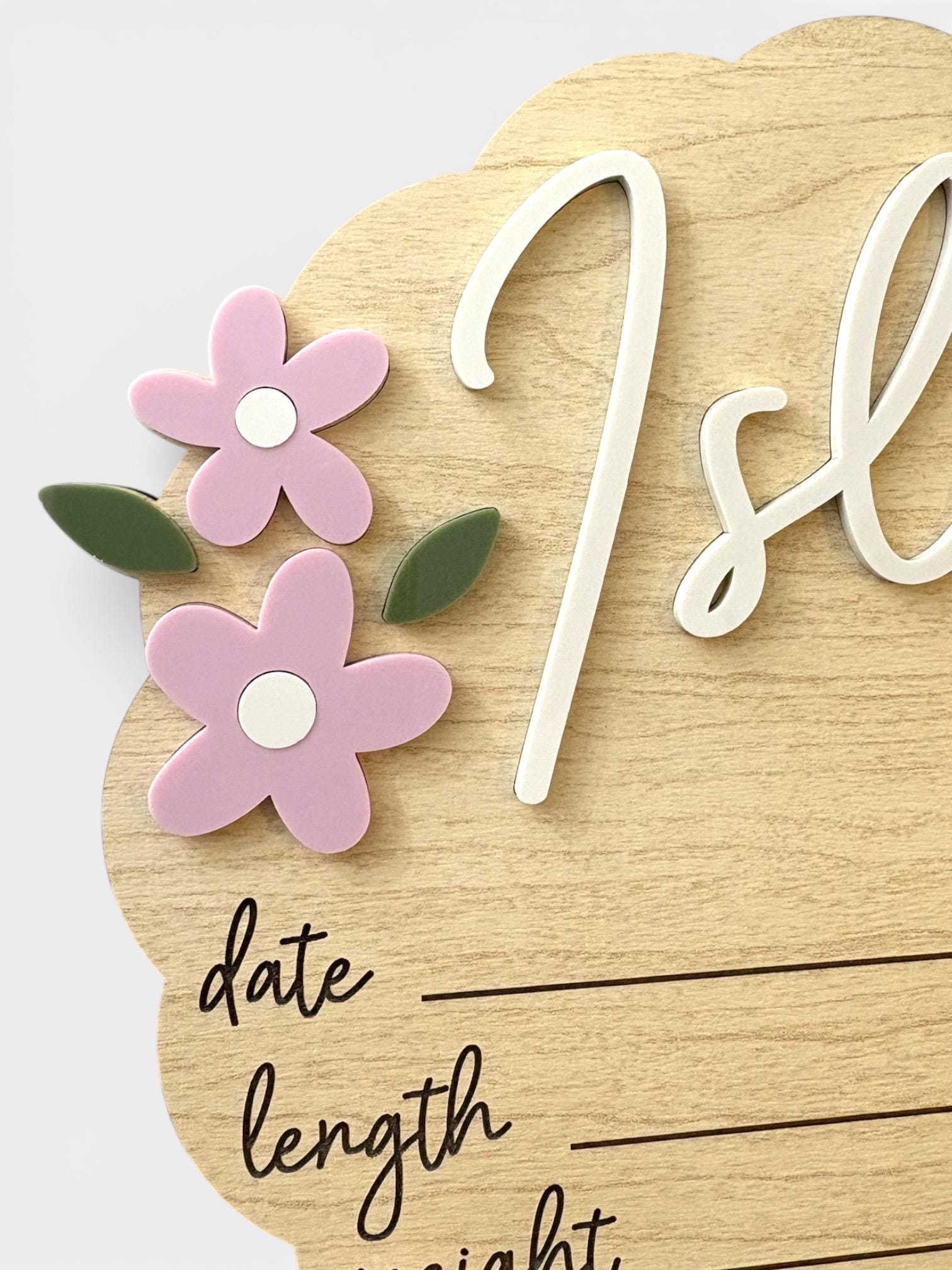 Wooden Baby Birth Stat Sign with Acrylic Florals