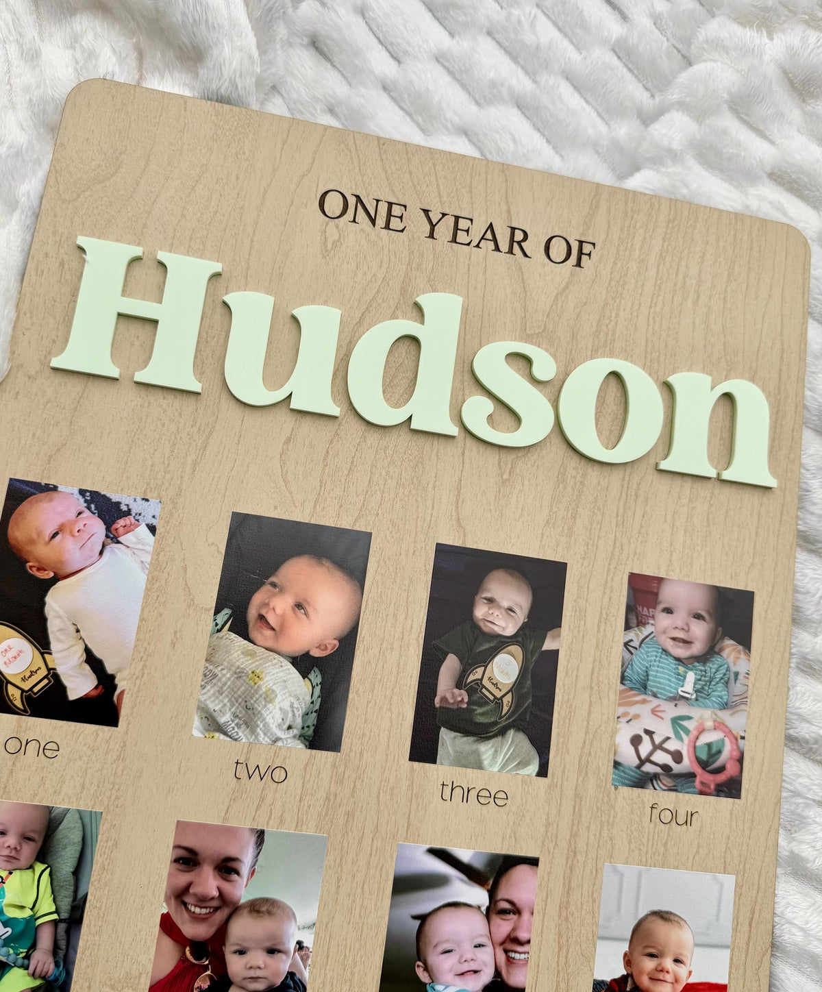 Monthly Milestone Birthday Photo Board: Wooden First Year Picture Display