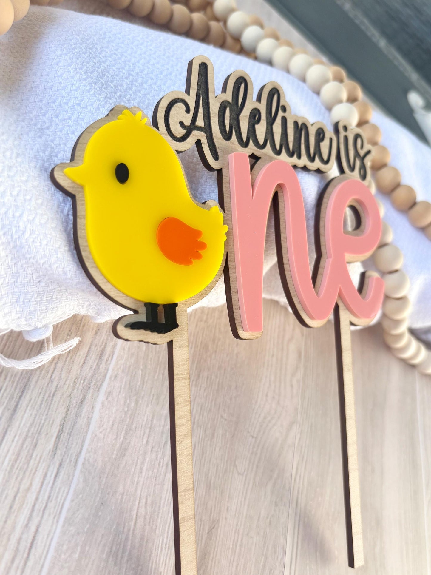 Personalized Chick Cake Topper, Maple Wood & Acrylic