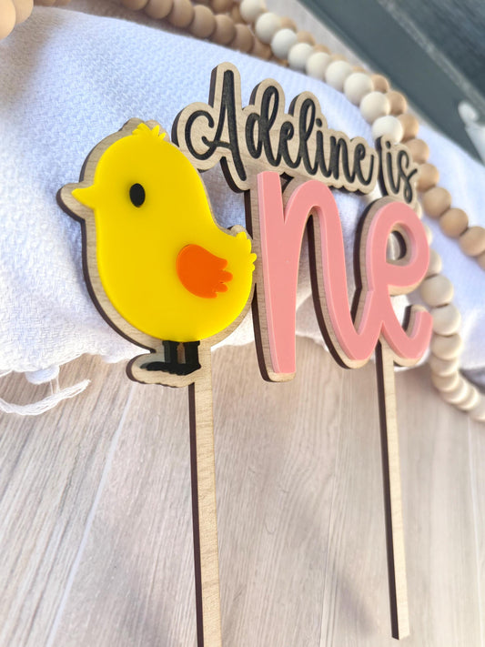 Personalized Chick Cake Topper, Maple Wood & Acrylic