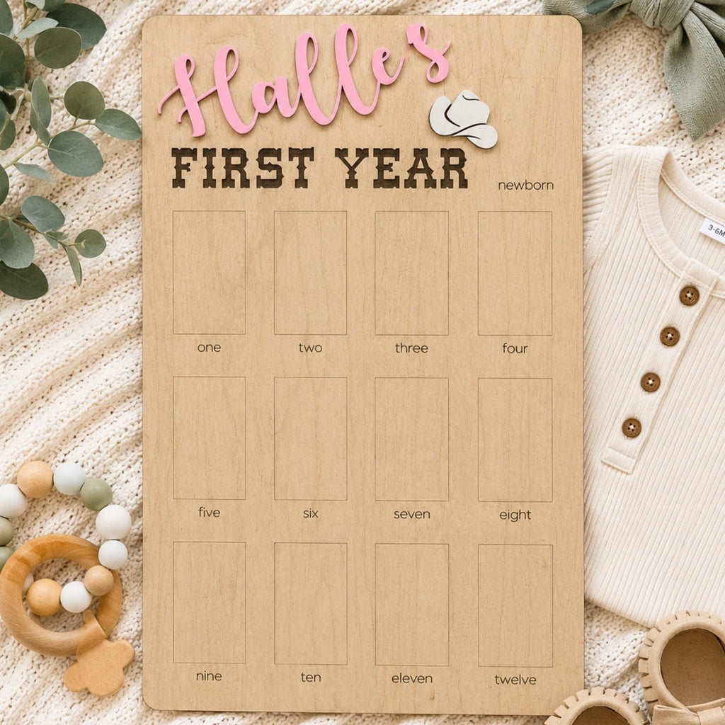 First Rodeo Birthday Photo Board: Wooden First Year Picture Display