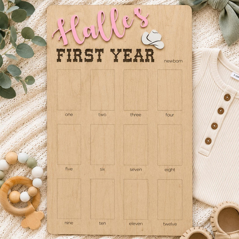 First Rodeo Birthday Photo Board: Wooden First Year Picture Display
