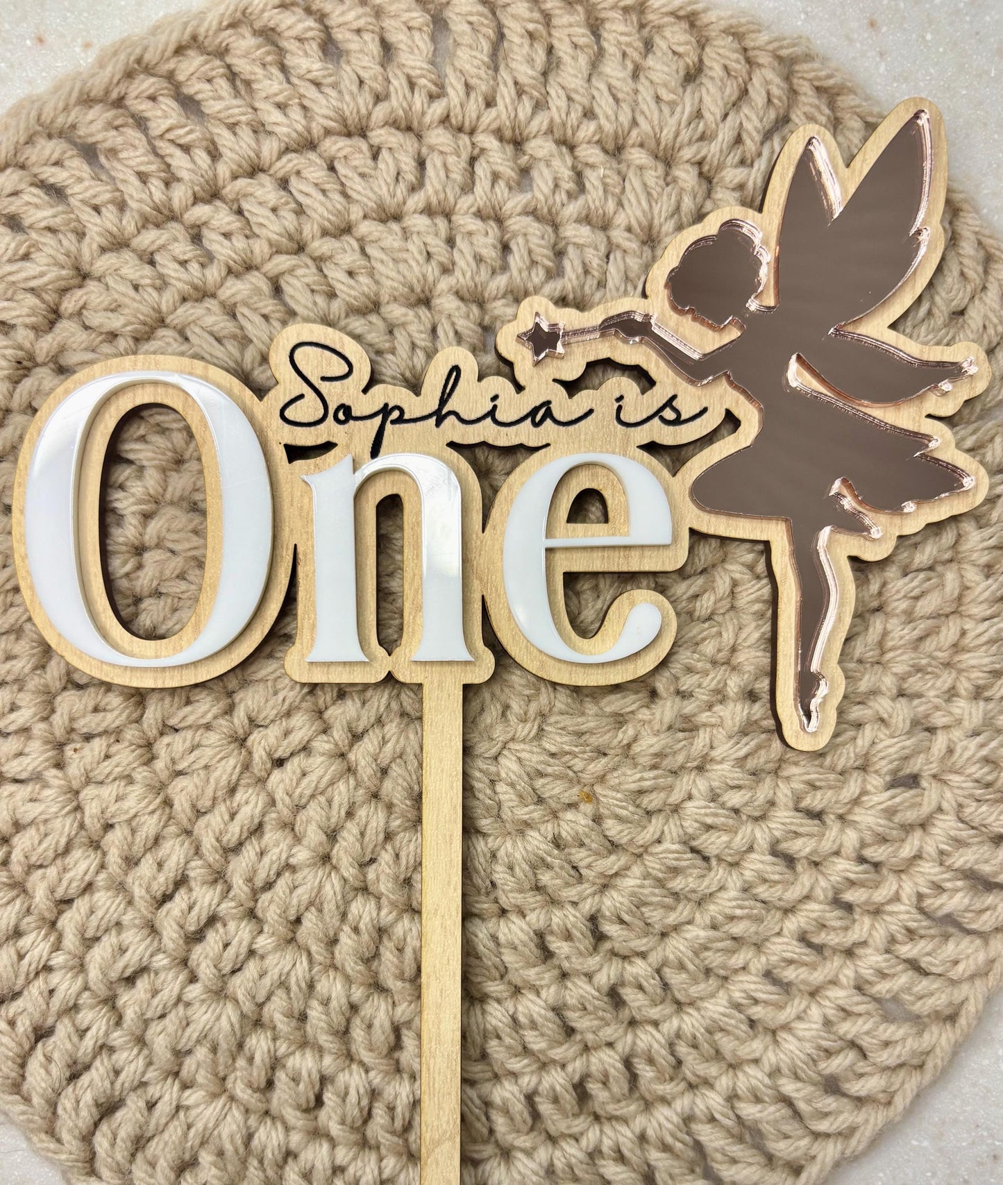 Personalized Fairy Cake Topper: Rose Gold Mirrored Acrylic, First Birthday
