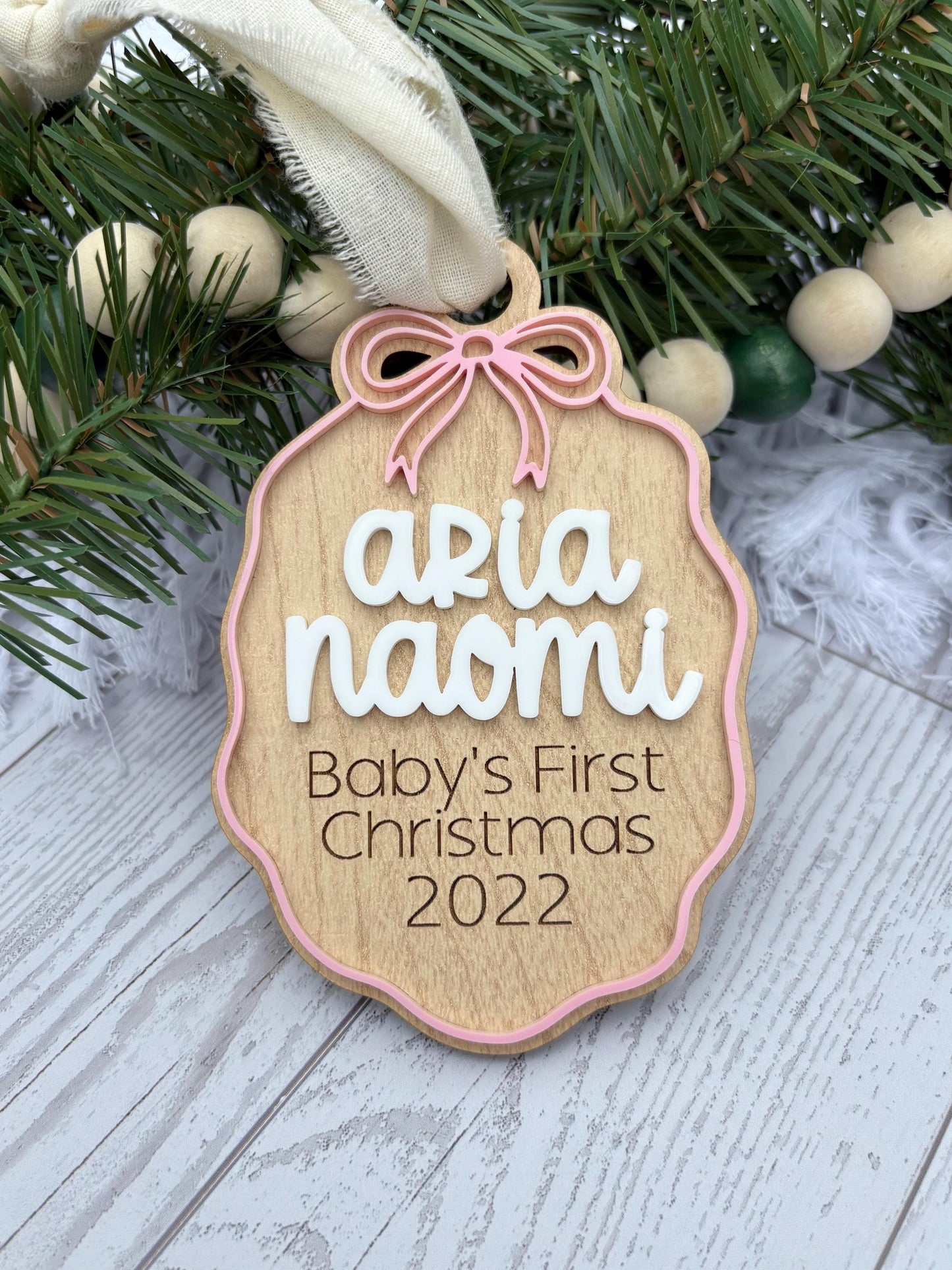 Personalized Baby's First Christmas Ornament: Maple Wood and acrylic Keepsake