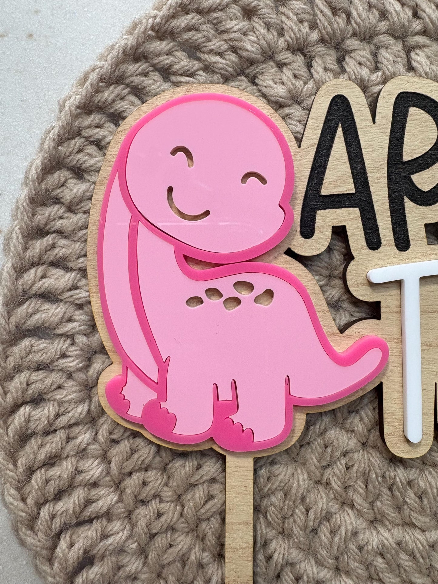 Personalized Dinosaur Cake Topper: Hand-Painted Wood & Acrylic Dino Decor