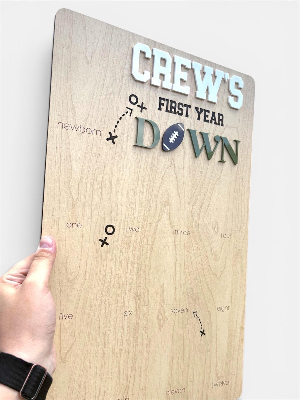 First Year Down Photo Board: Football Theme, Wooden Picture Display