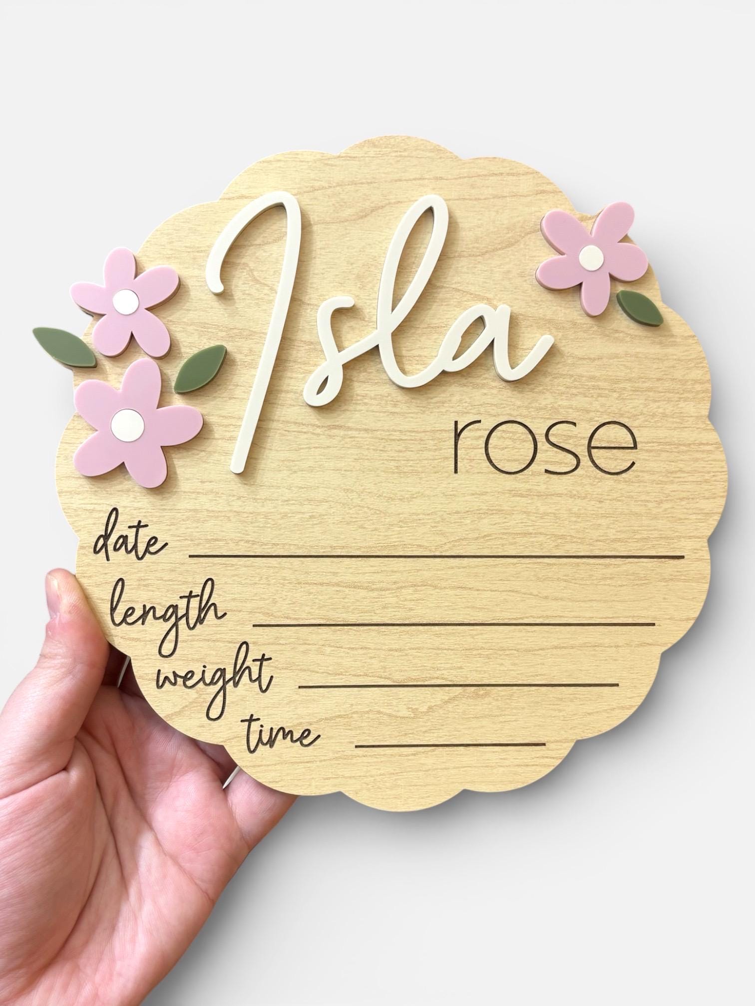 Wooden Baby Birth Stat Sign with Acrylic Florals