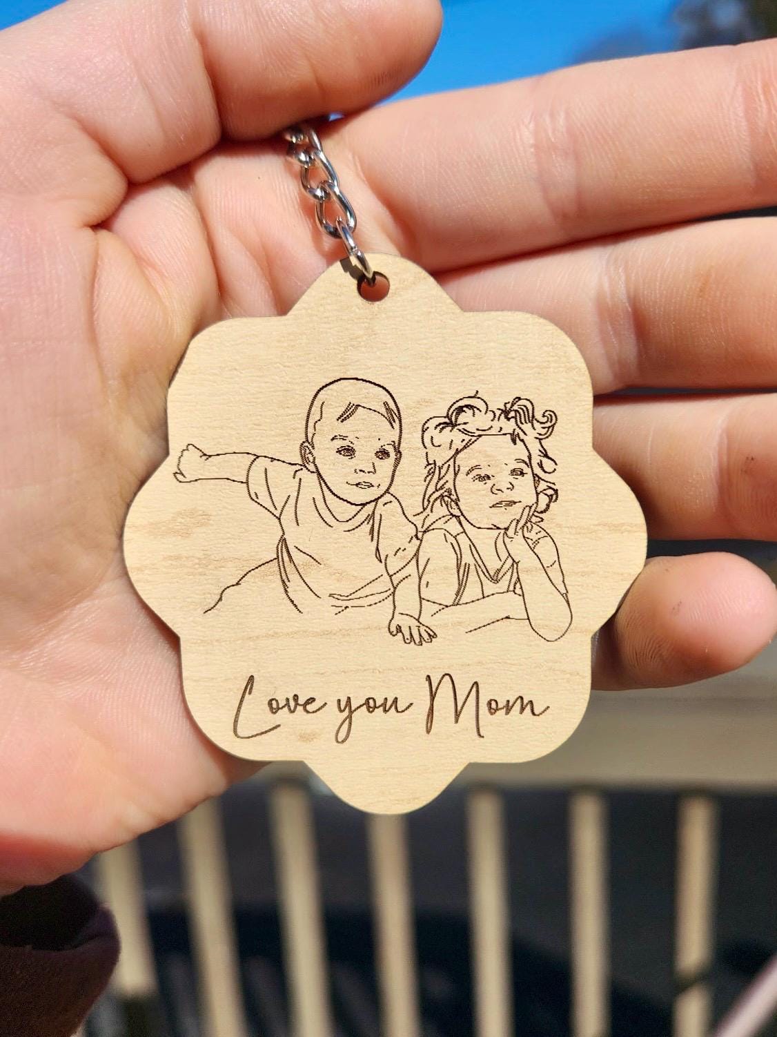 Personalized Hand Drawn Line Art Keychain – Laser Engraved Maple Wood