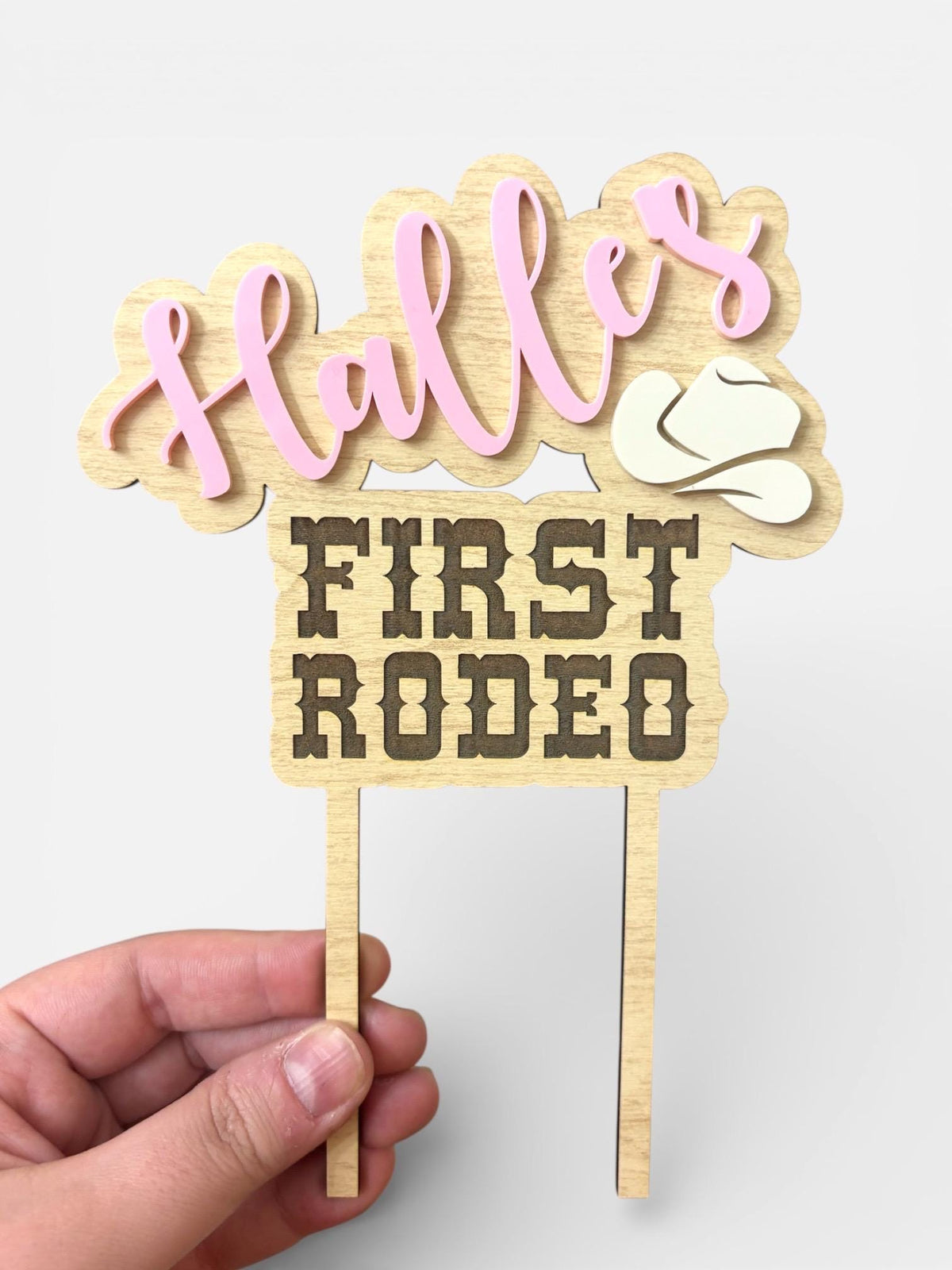 Personalized Cowboy Cake Topper: First Rodeo Birthday, Maple Wood