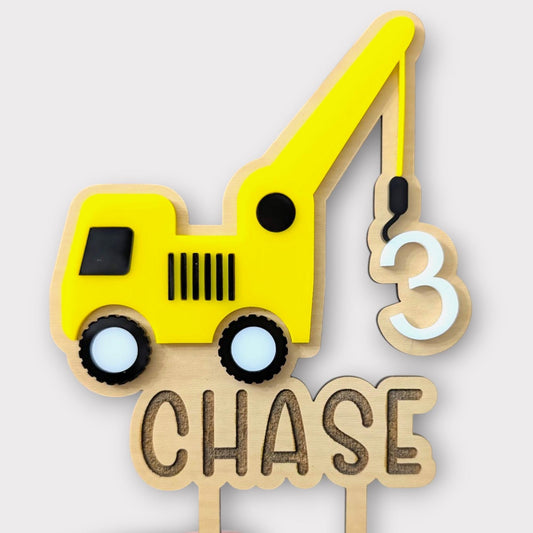 Personalized Construction Crane Cake Topper: Engraved Wood & Acrylic