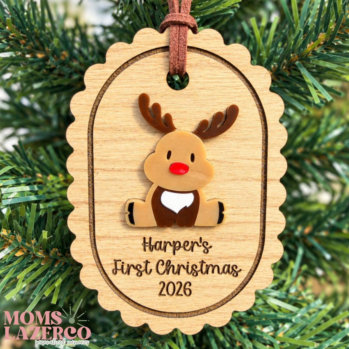 Reindeer Christmas Ornament, Custom Scalloped Oval, Family Gift, Baby's First Christmas Keepsake