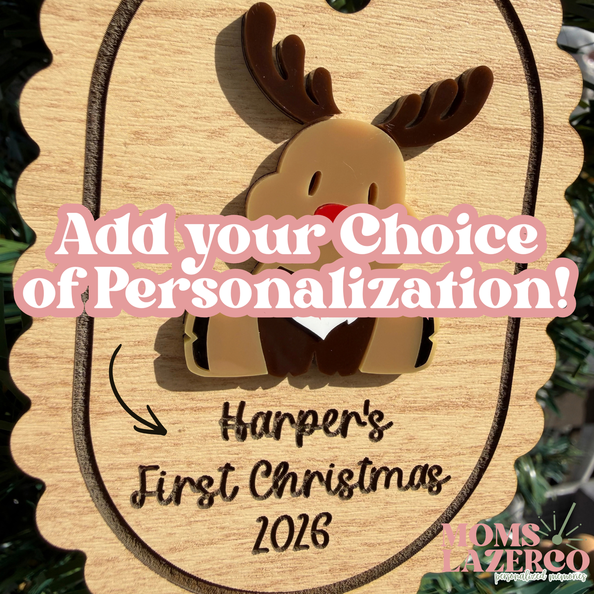 Reindeer Christmas Ornament, Custom Scalloped Oval, Family Gift, Baby's First Christmas Keepsake