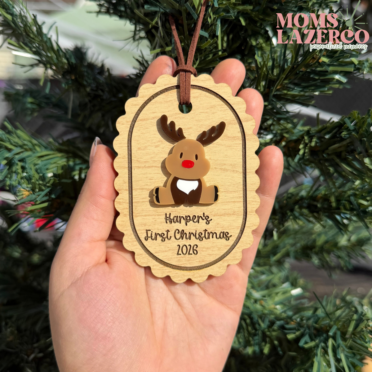 Reindeer Christmas Ornament, Custom Scalloped Oval, Family Gift, Baby's First Christmas Keepsake