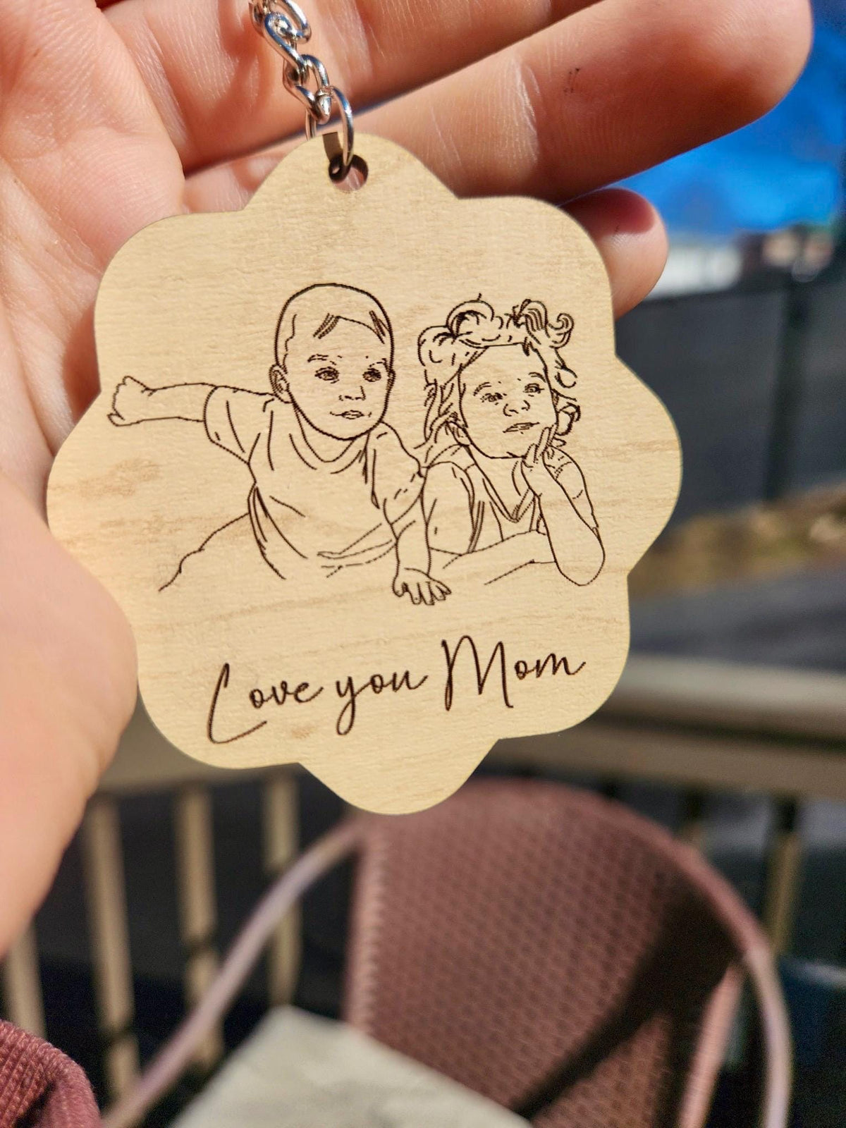 Personalized Hand Drawn Line Art Keychain – Laser Engraved Maple Wood