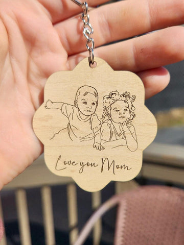 Personalized Hand Drawn Line Art Keychain – Laser Engraved Maple Wood