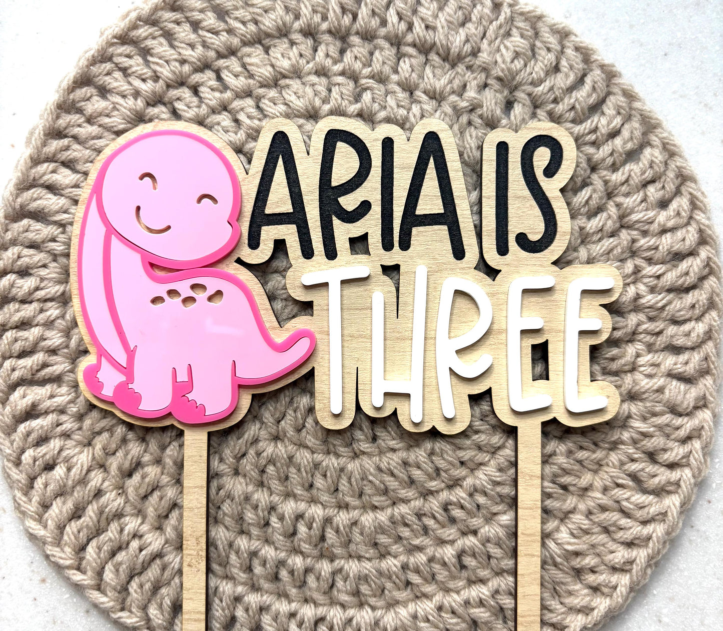 Personalized Dinosaur Cake Topper: Hand-Painted Wood & Acrylic Dino Decor