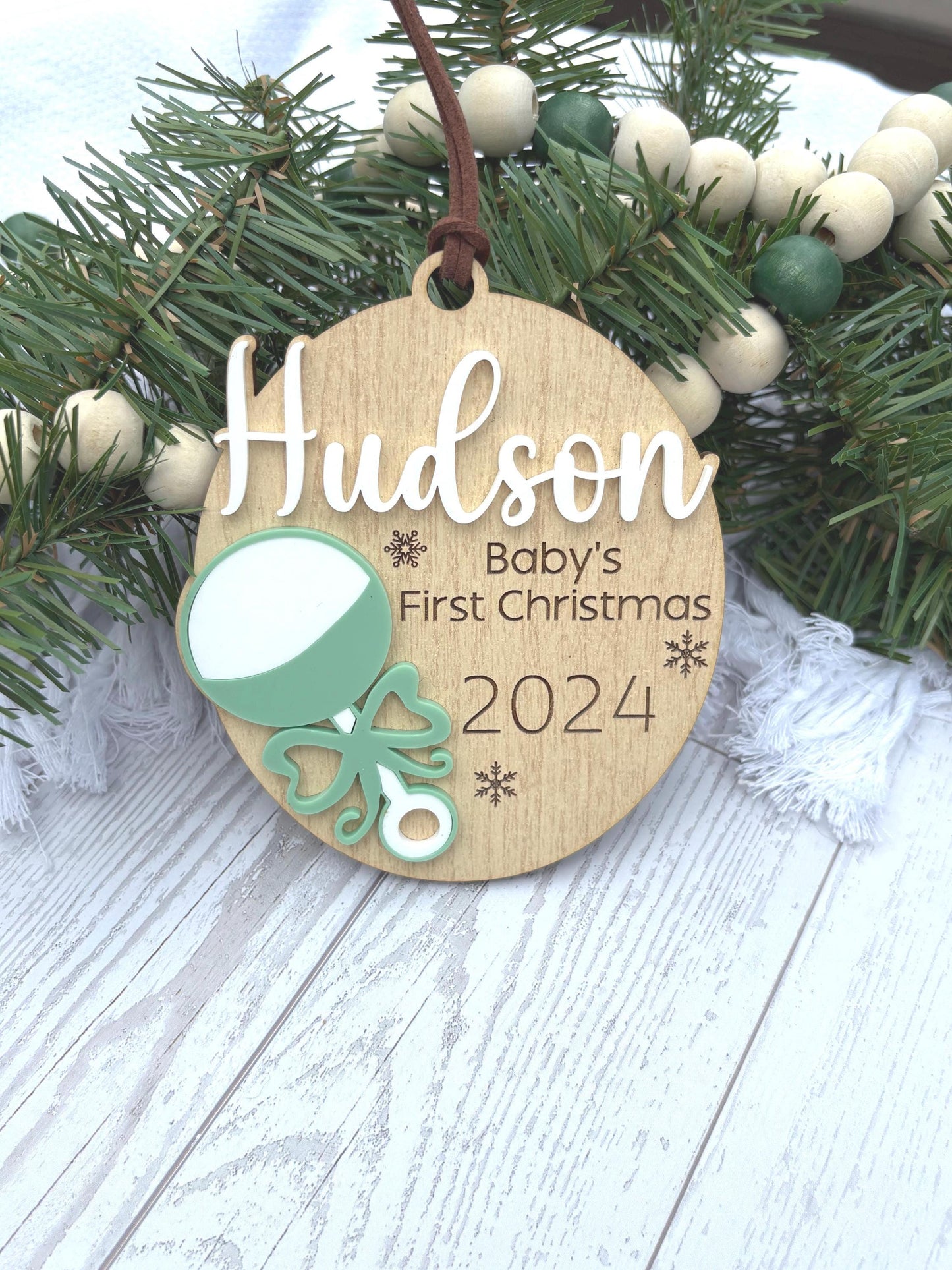 Personalized Baby's First Christmas Ornament: Maple Wood Rattle Keepsake