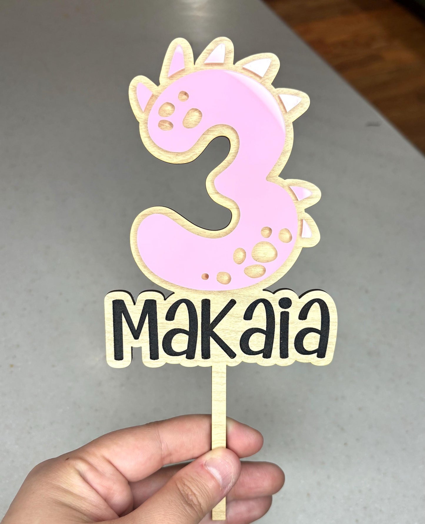 Personalized Dinosaur Cake Topper: Maple Wood Party Decor