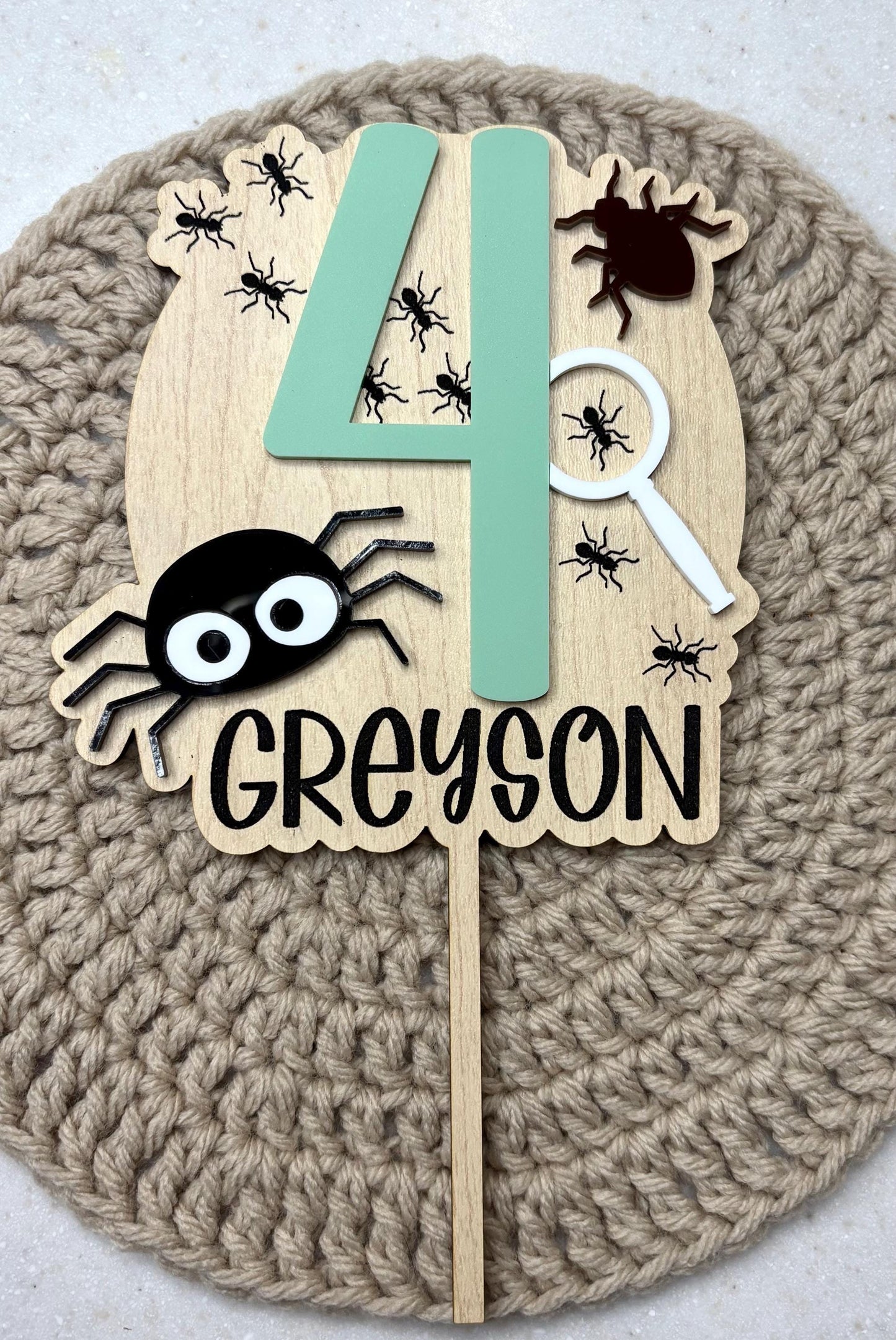 Personalized Bug Cake Topper: Maple Wood Birthday Decoration