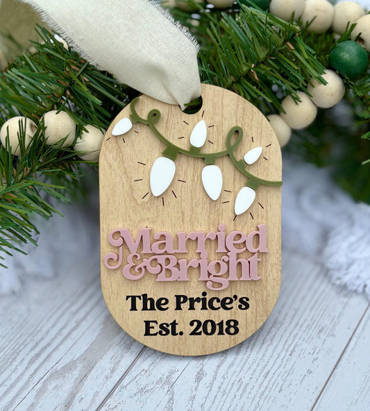 Just Married Christmas Ornament: Married and Bright