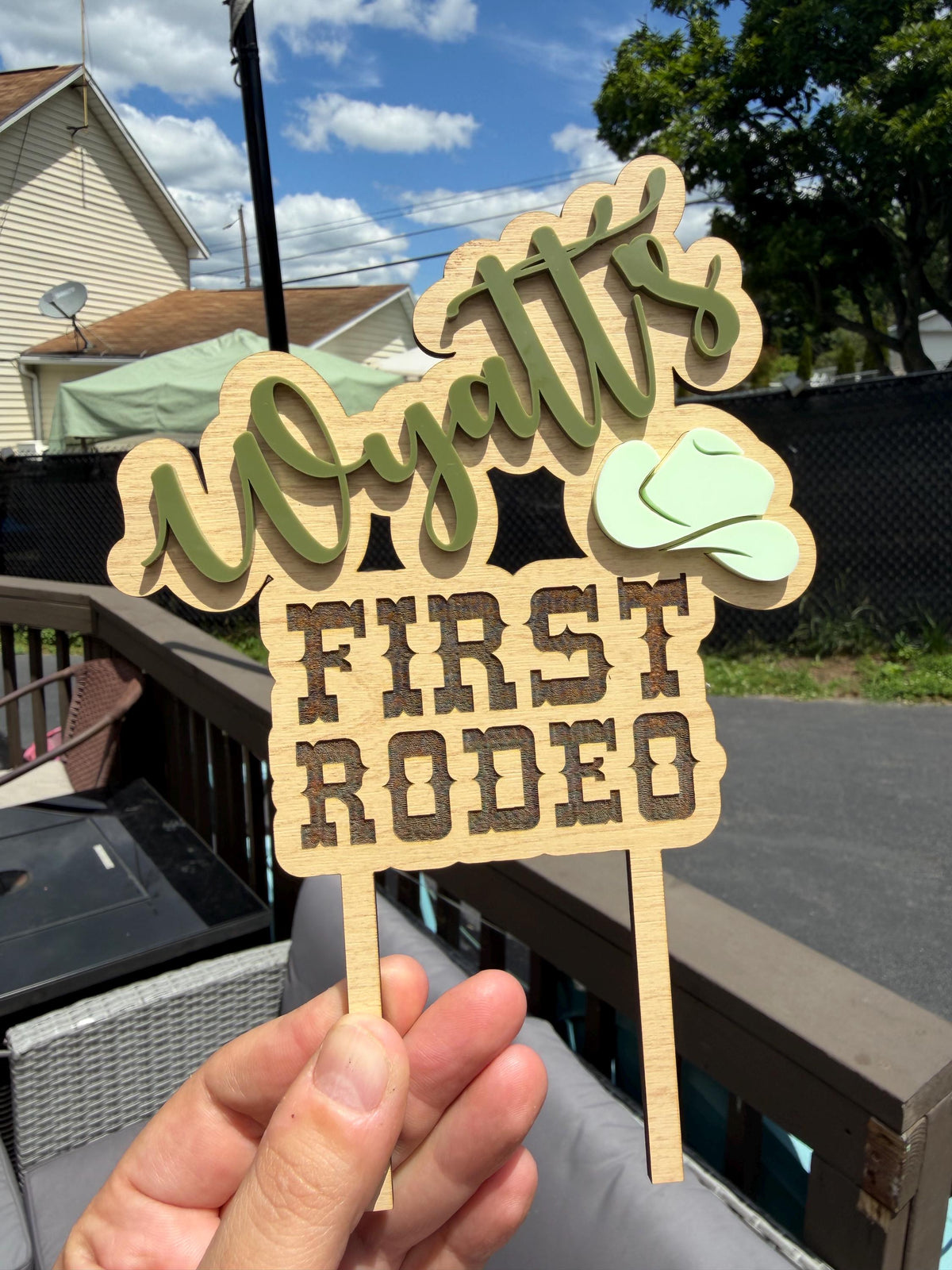 Personalized Cowboy Cake Topper: First Rodeo Birthday, Maple Wood