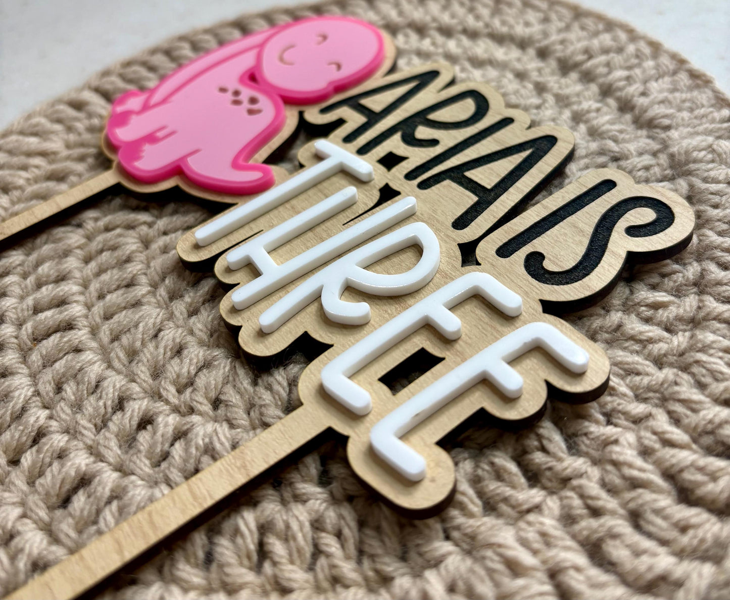 Personalized Dinosaur Cake Topper: Hand-Painted Wood & Acrylic Dino Decor