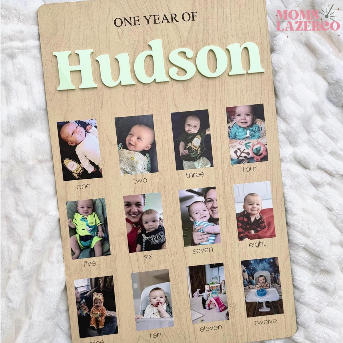 Monthly Milestone Birthday Photo Board: Wooden First Year Picture Display