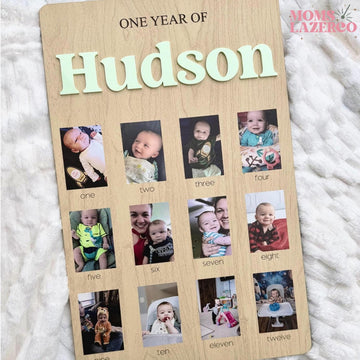 Monthly Milestone Birthday Photo Board: Wooden First Year Picture Display