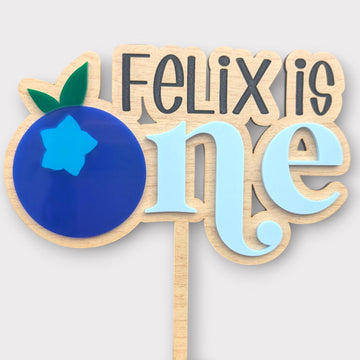 Personalized Blueberry First Birthday Cake Topper: Maple Wood & Acrylic