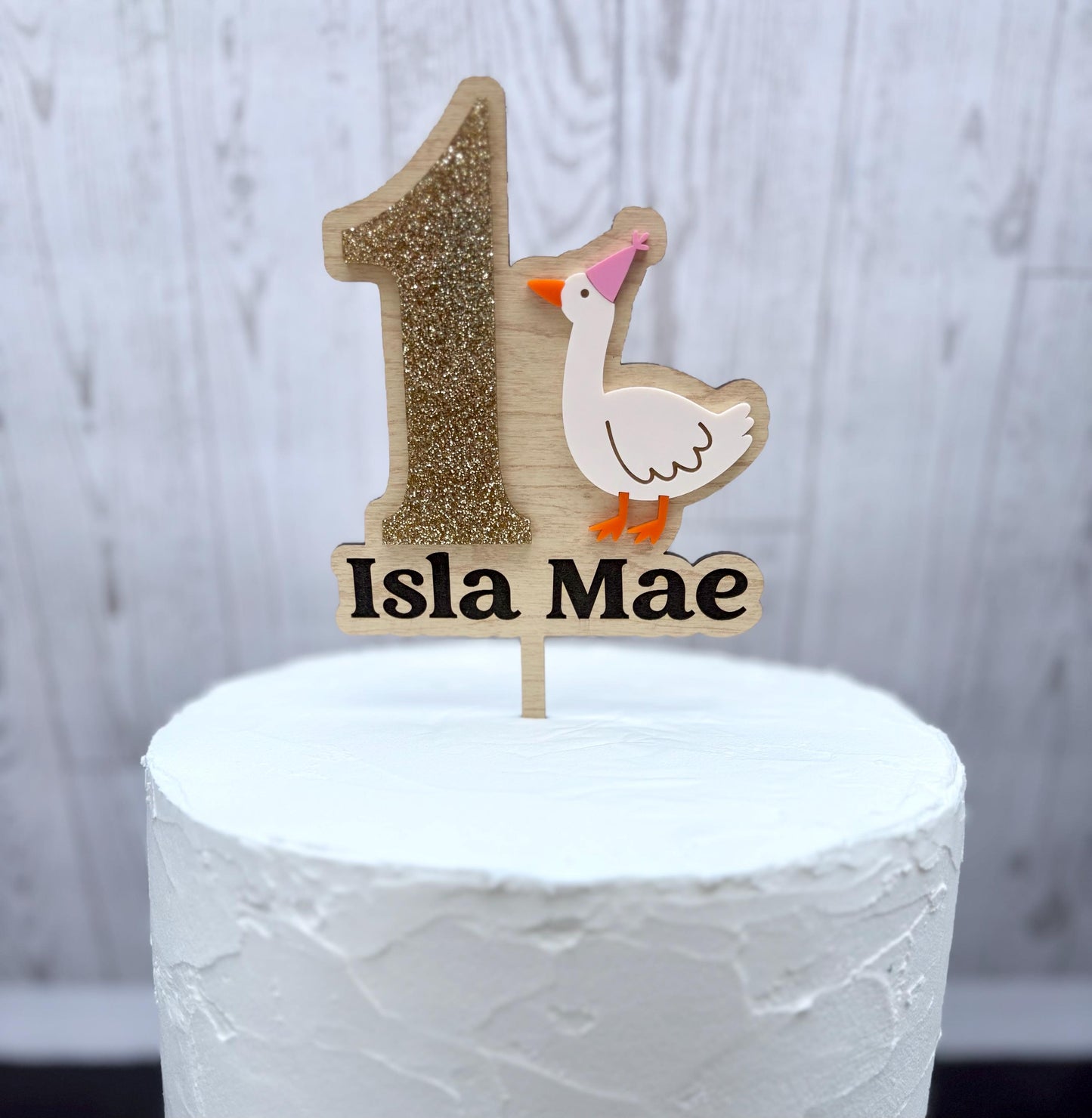 Personalized Silly Goose 1st Birthday Cake Topper: Maple & Acrylic