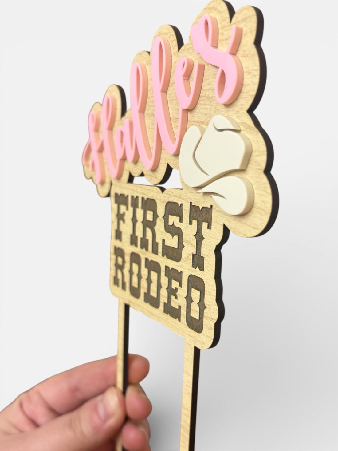 Personalized Cowboy Cake Topper: First Rodeo Birthday, Maple Wood