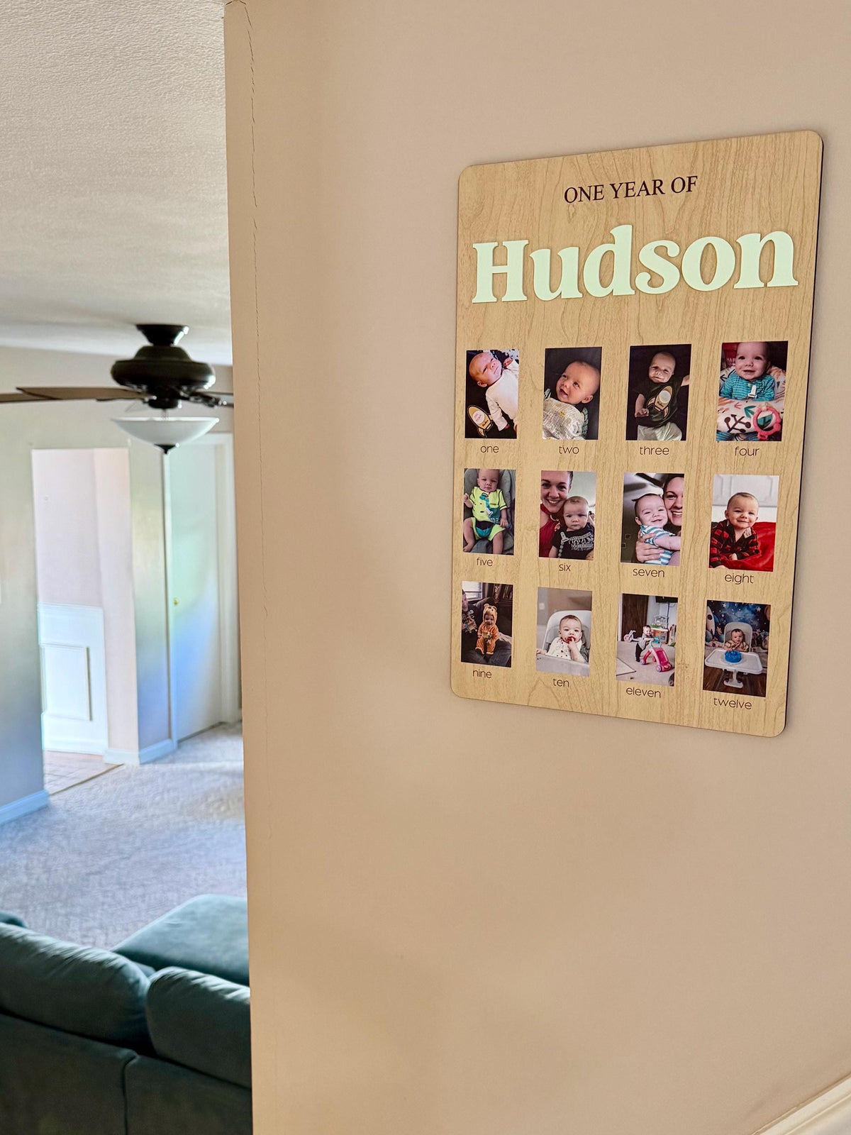 Monthly Milestone Birthday Photo Board: Wooden First Year Picture Display