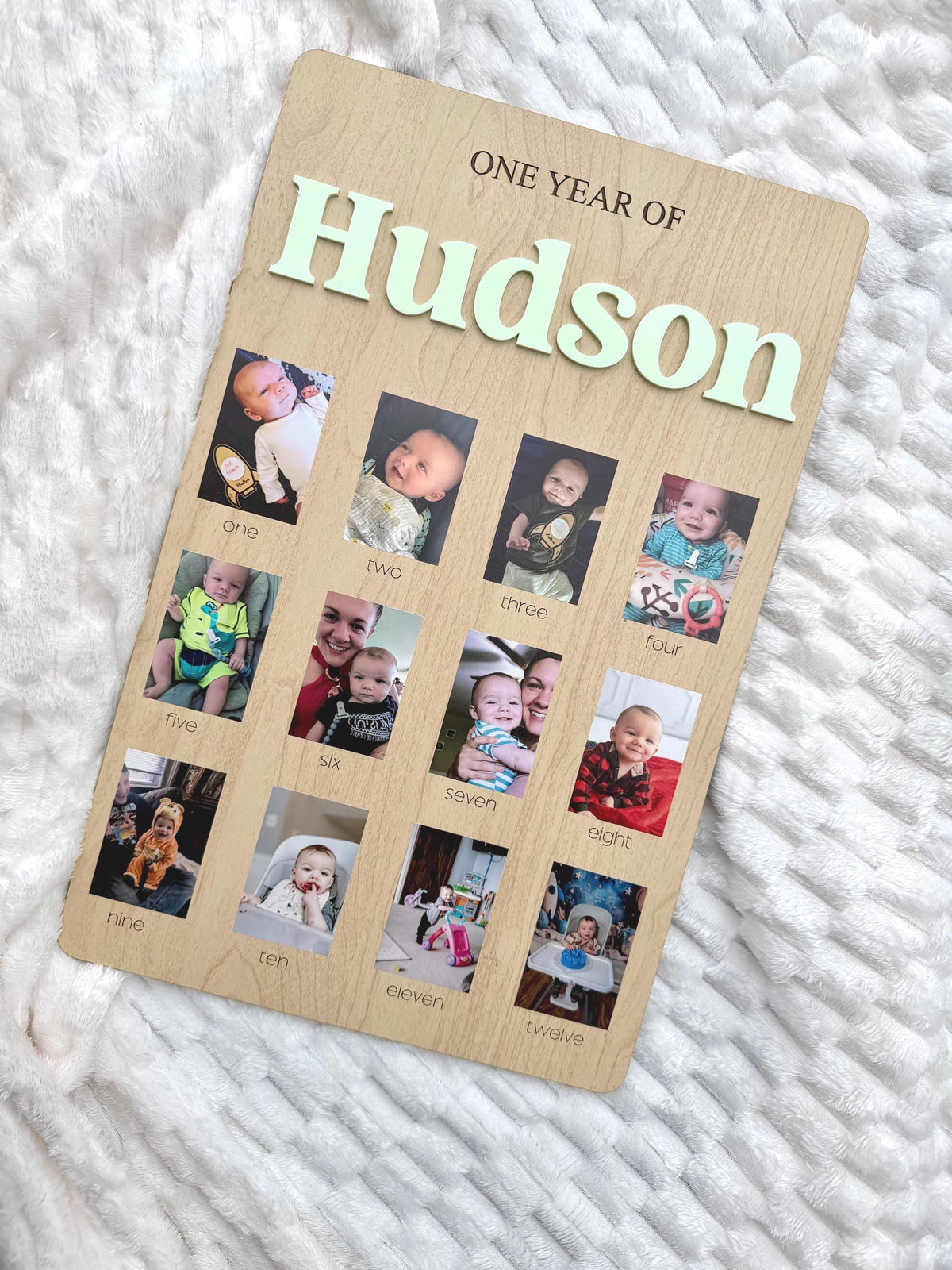 Monthly Milestone Birthday Photo Board: Wooden First Year Picture Display