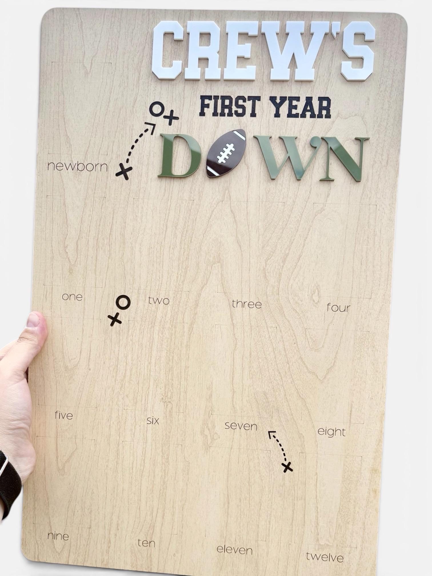 First Year Down Photo Board: Football Theme, Wooden Picture Display