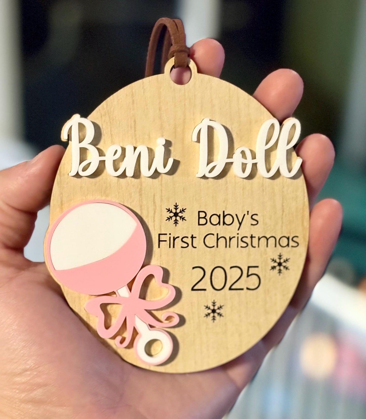 Personalized Baby's First Christmas Ornament: Maple Wood Rattle Keepsake
